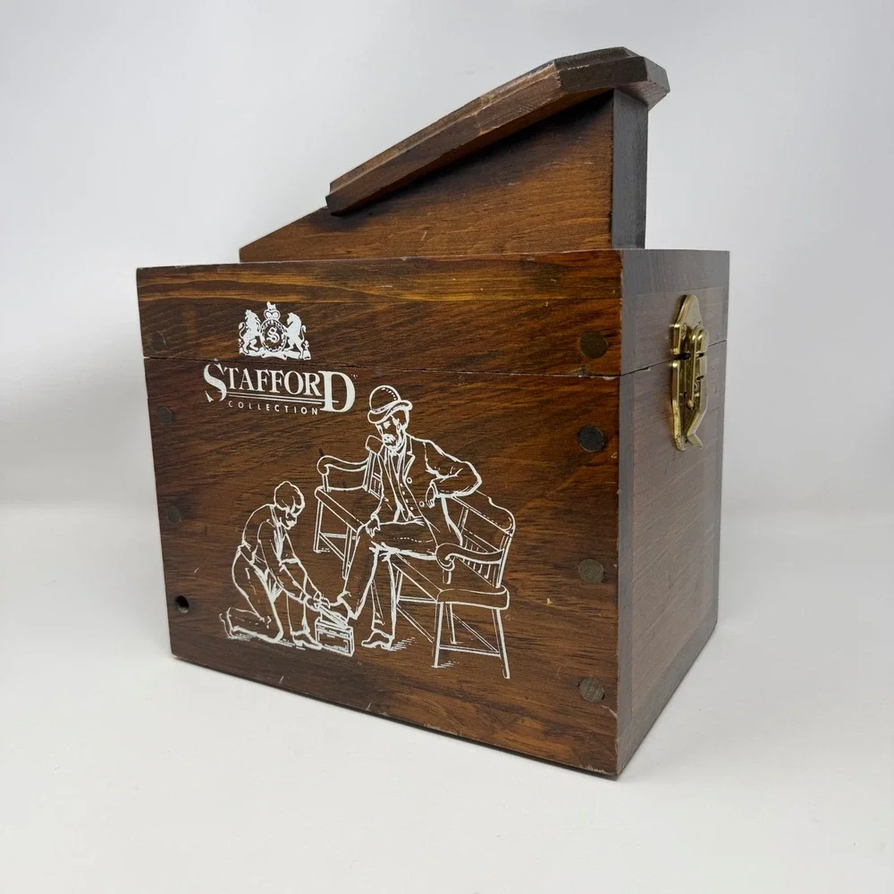 Stafford Collection Wooden Shoe Shine Valet Box Footrest Latch Dark Wood Vintage
